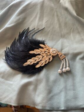 Gold-Tone Crystal & Pearl Feather Brooch with Black Feathers